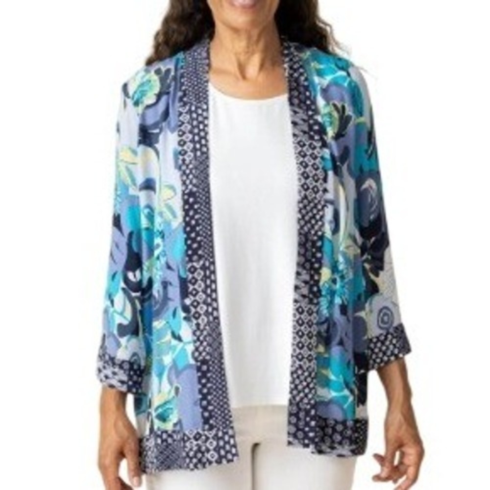 Habitat Vintage Blue Yellow Mix Print Contrasting Trim Kimono Size XS